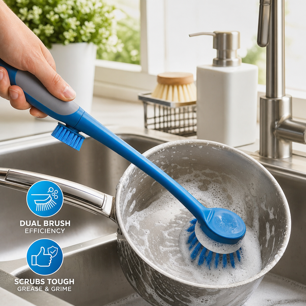 Pot Scrub Brush with Long Handle and Dual Brush Heads