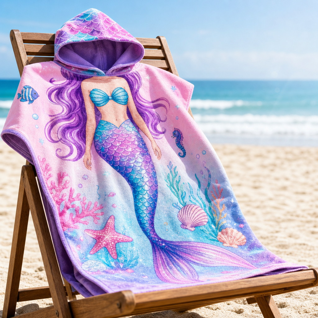 Mermaid Hooded Bath Towel Cape for Beach and Home