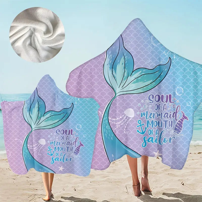 Mermaid Hooded Bath Towel Cape for Beach and Home